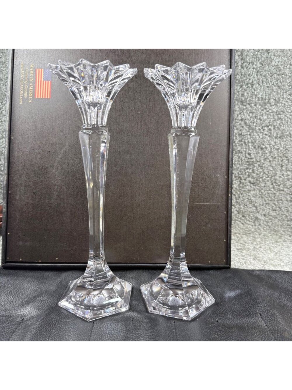 Pair Of Cut Glass Taper Candle Holders With Starburst Design Household Decor